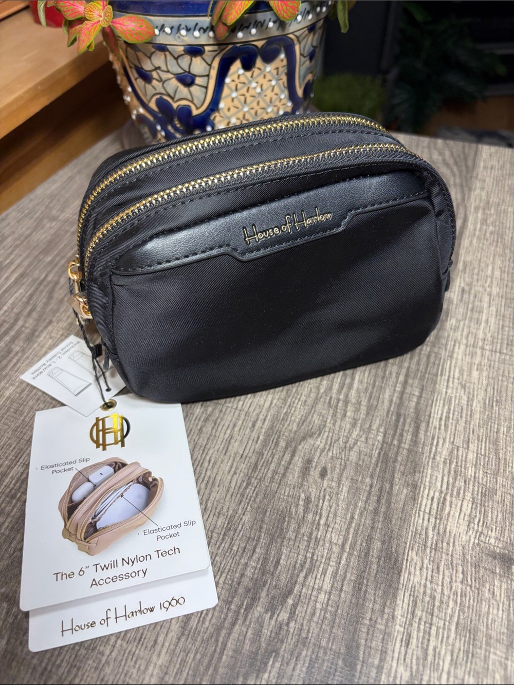 House of Harlow 1960 Black Nylon Double-Zip Tech Accessory Pouch